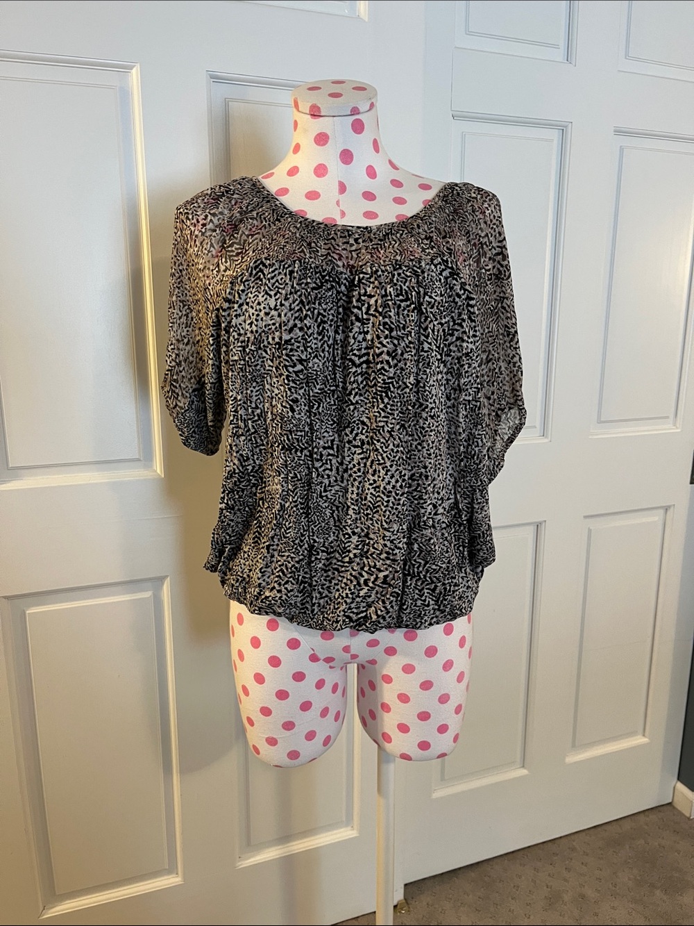 LOFT Black & Gray Printed Smocked Neck Blouse